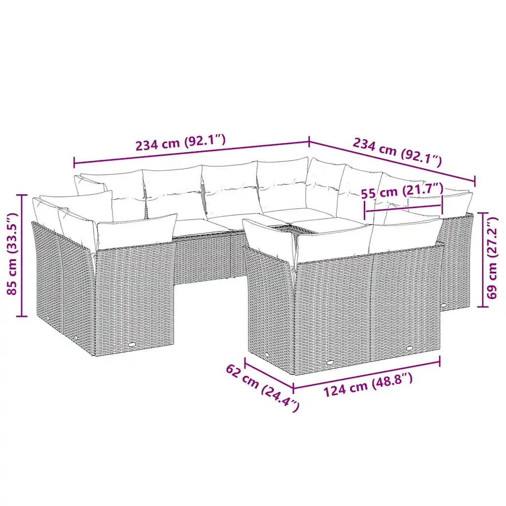 Set Divani da Giardino 11 pz con Cuscini in Polyrattan Grigio