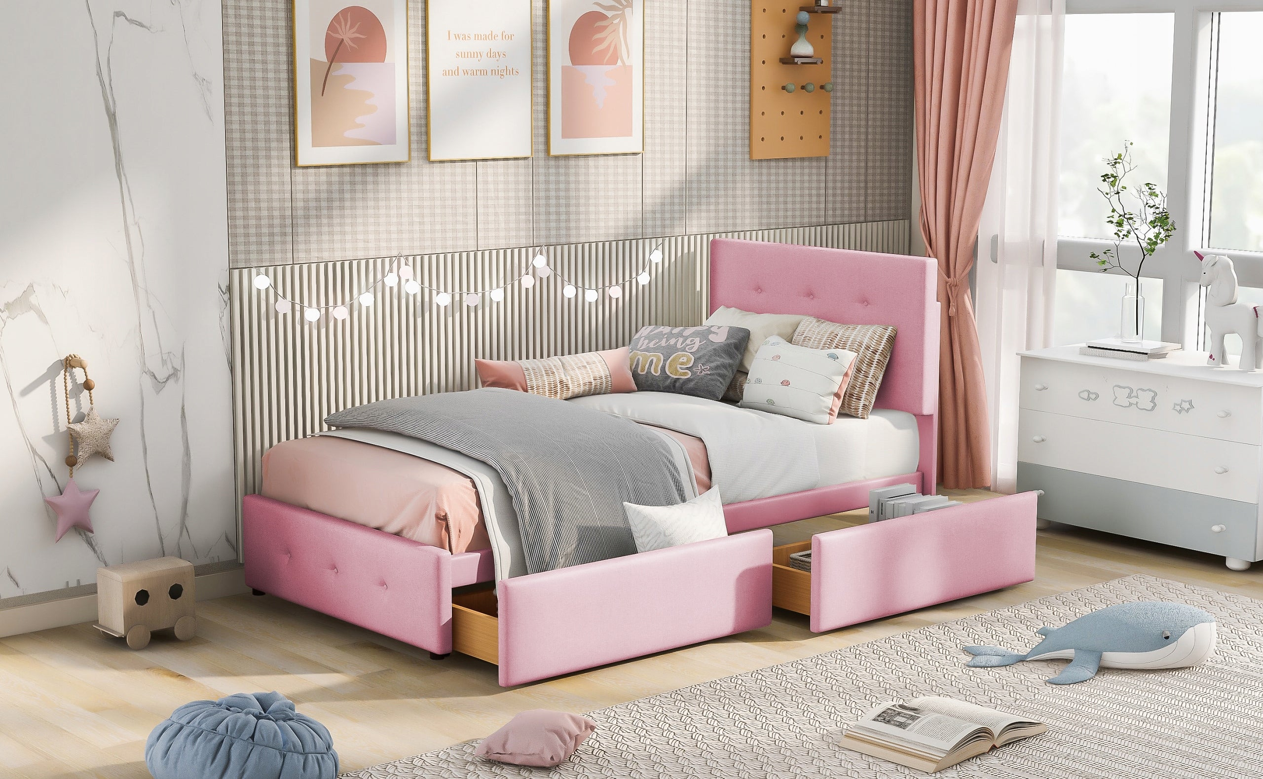 Letto imbottito 90x200 - Xylo - Beige con cassetti