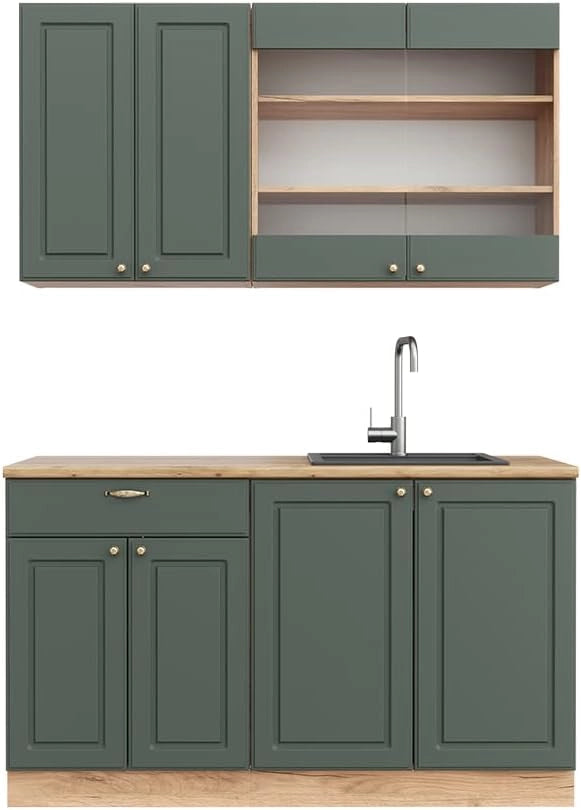 Cucina completa Fame-Line, Quercia verde-oro Country/oro Power, 140 cm senza piano di lavoro, per la libera combinazione con moduli cucina aggiuntivi
