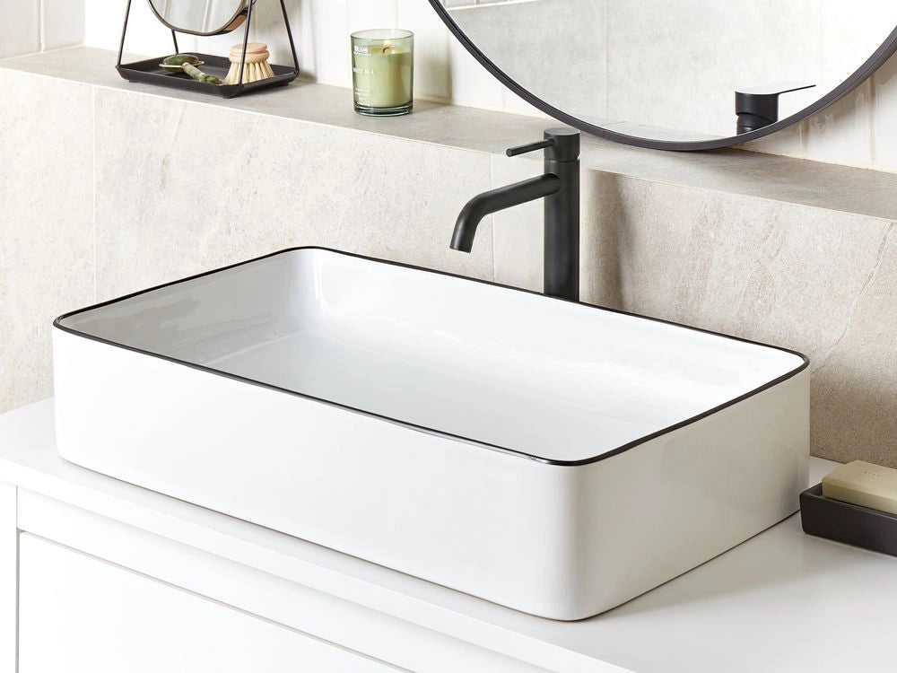 Lavabo da appoggio Bianco con bordo nero Ceramica lucida 610 x 350 mm Lavabo da bagno ovale