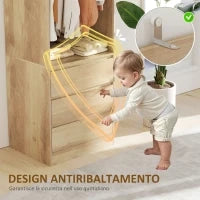 Armadio Guardaroba con Asta Appendiabiti, Ripiano Aperto e 3 Cassetti, in Legno, 60x48.5x185 cm, color Teak