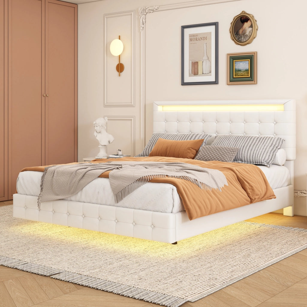 LETTO Flottante 140x200 cm in PU Bianco con LED e testiera regolabile