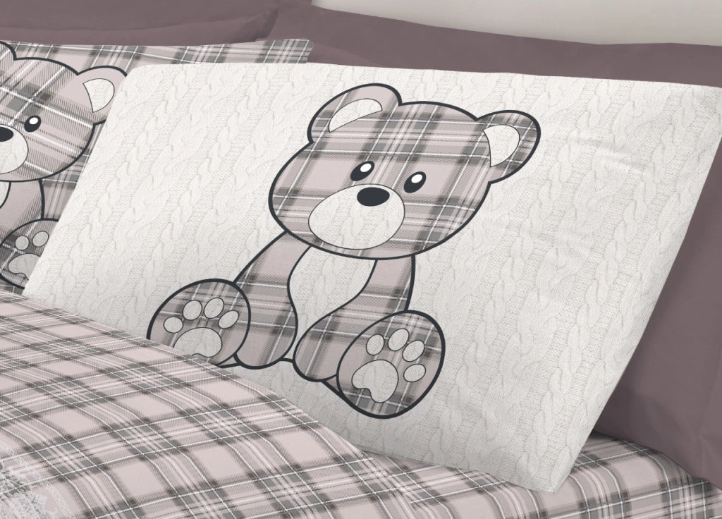 Completo Lenzuola Flanella Pensieri Delicati 100% Cotone Disegno Orsetto Tartan - Piazza E Mezza - Grigio