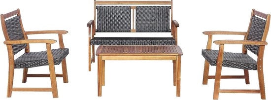 Set da giardino 4 posti, insieme di mobili per balcone in polirotano con 2 sedie & divano & tavolo, set da giardino in acacia, set da giardino in rotano, mobili per balcone, mobili in rotano, set da relax per balcone.