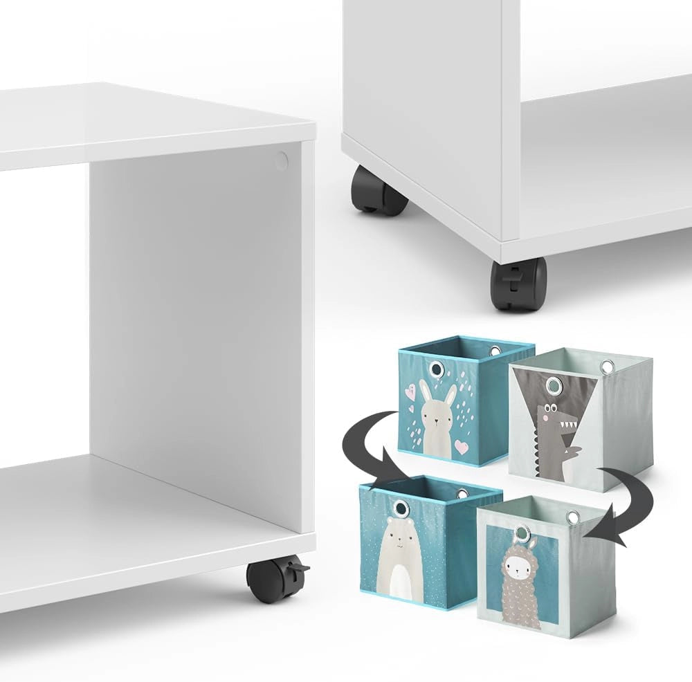 Libreria bambini, Bianco, 72 x 42.4 cm con 2 scatole pieghevoli, su ruote con due ripiani aperti