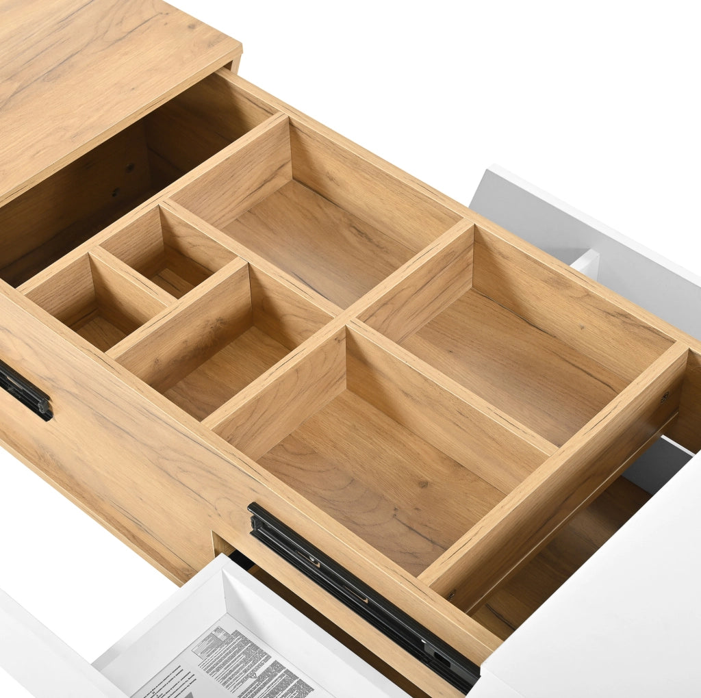 Tavolino da caffè scorrevole 120x50x37;5 cm con 2 cassetti in MDF bianco e naturale