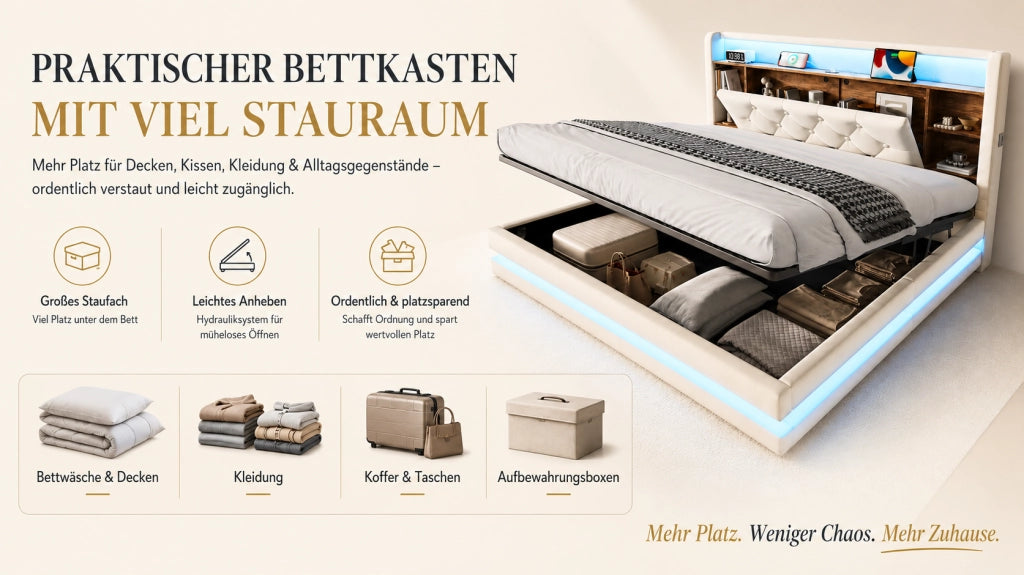 LETTO contenitore 140x200 cm in velluto beige con testiera multifunzione