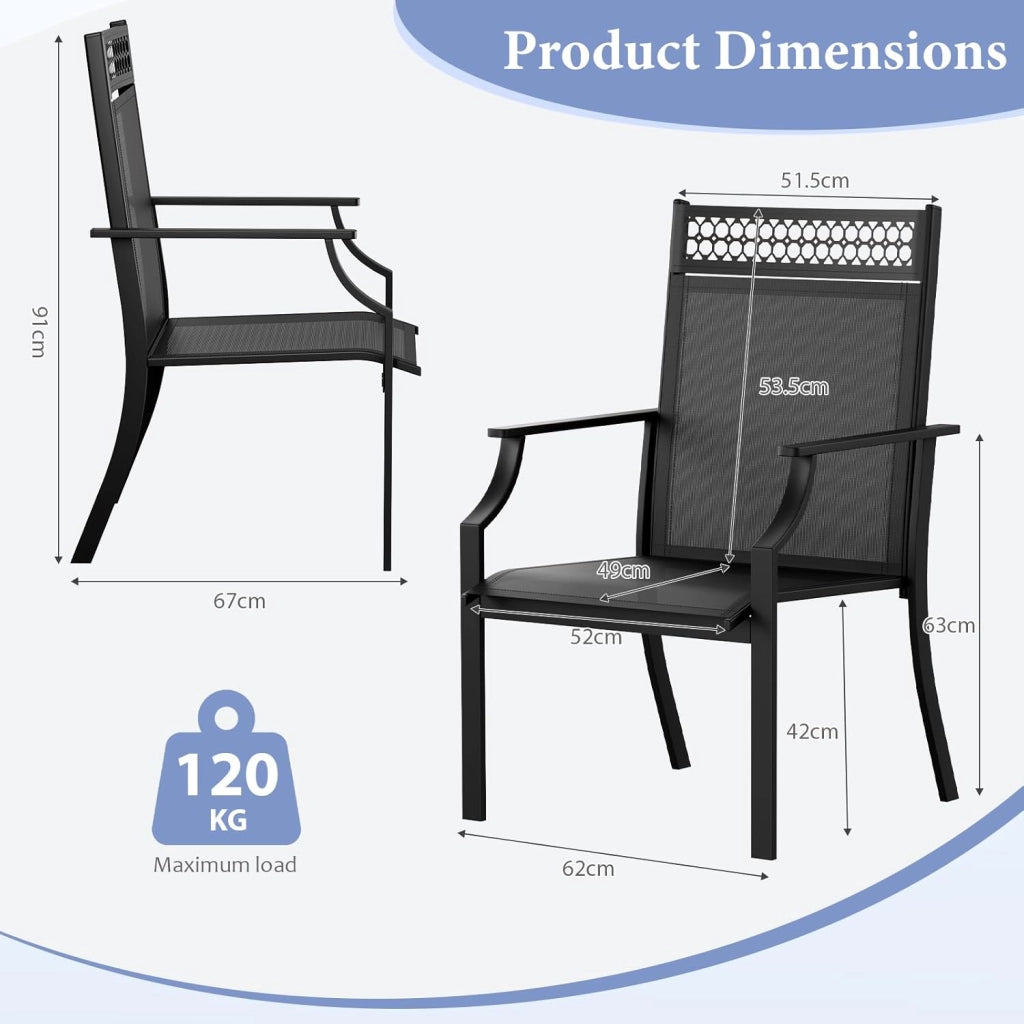 Set di 4pcs sedie da giardino con seduta allargata, in tessuto Teslin, traspiranti, ad asciugatura rapida, per esterni, portata fino a 120 kg, per giardino, terrazza, balcone, piscina (nero)