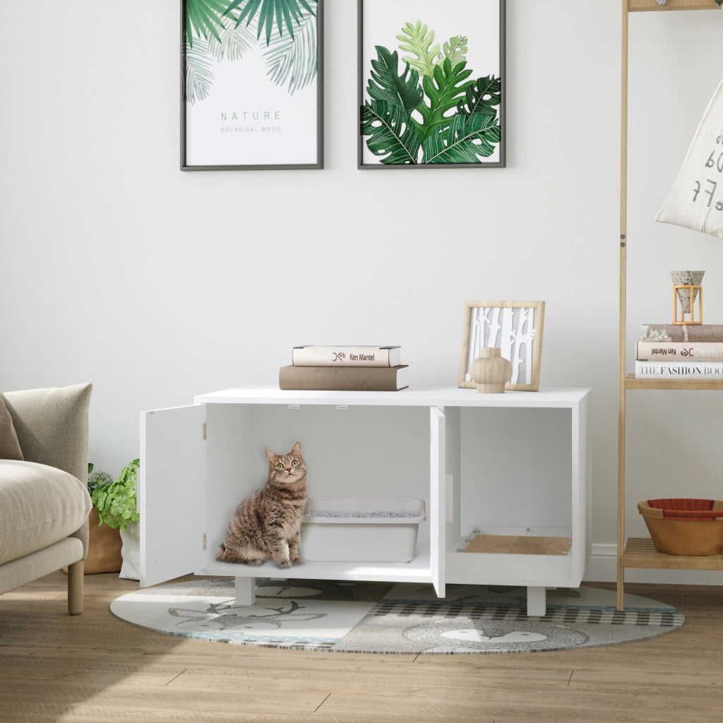 EasyComfort Mobile per Lettiera Gatti in Legno con 2 Ante e Apertura Laterale con Tiragraffi, Bianco