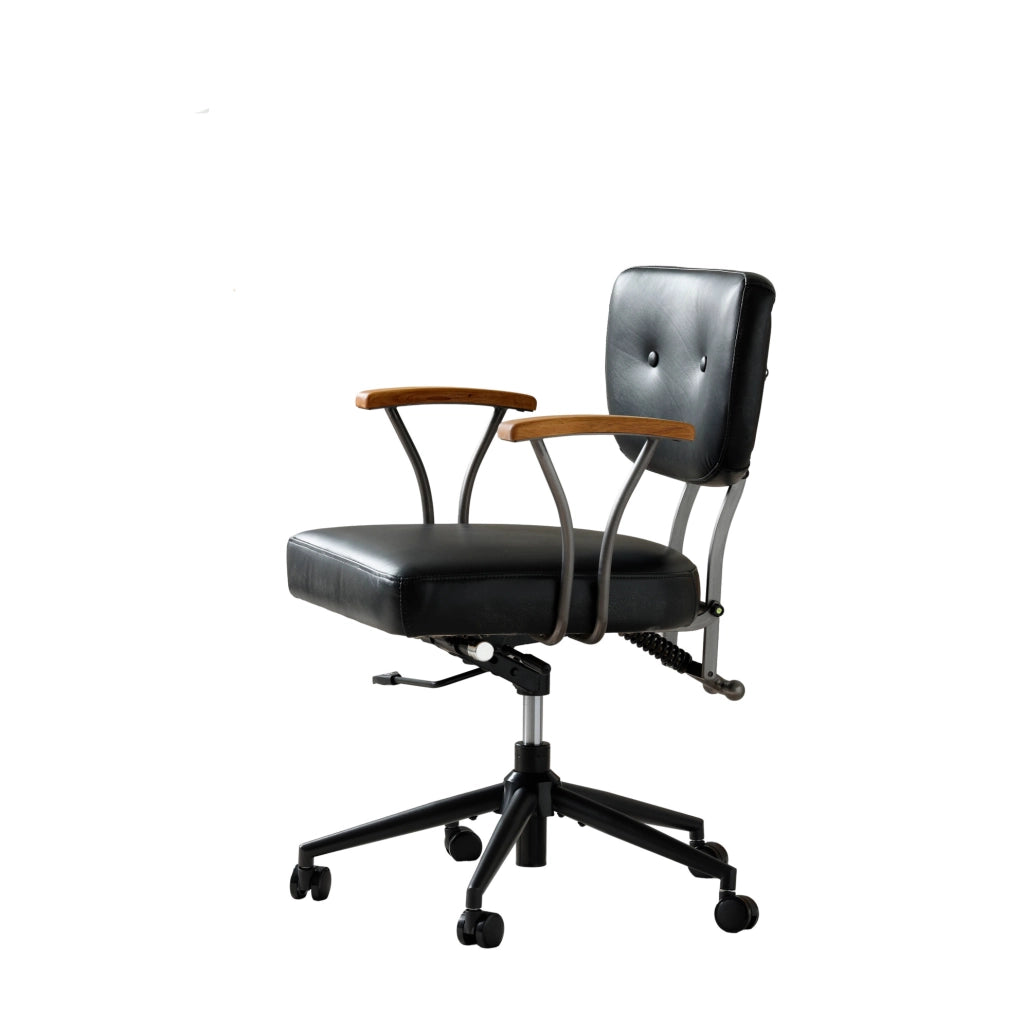 Sedia da ufficio girevole in pelle nera con ruote e struttura in metallo