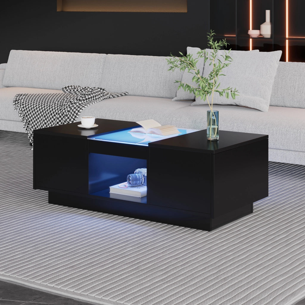 Tavolino da caffè nero LED con 2 cassetti, 100x50x35,5 cm