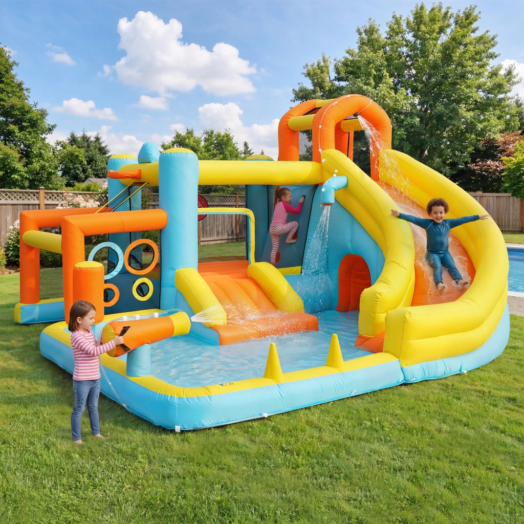 Castello gonfiabile con scivolo, piscina, campo da calcio e canestro in tessuto oxford colorato 360 × 320 × 200 cm