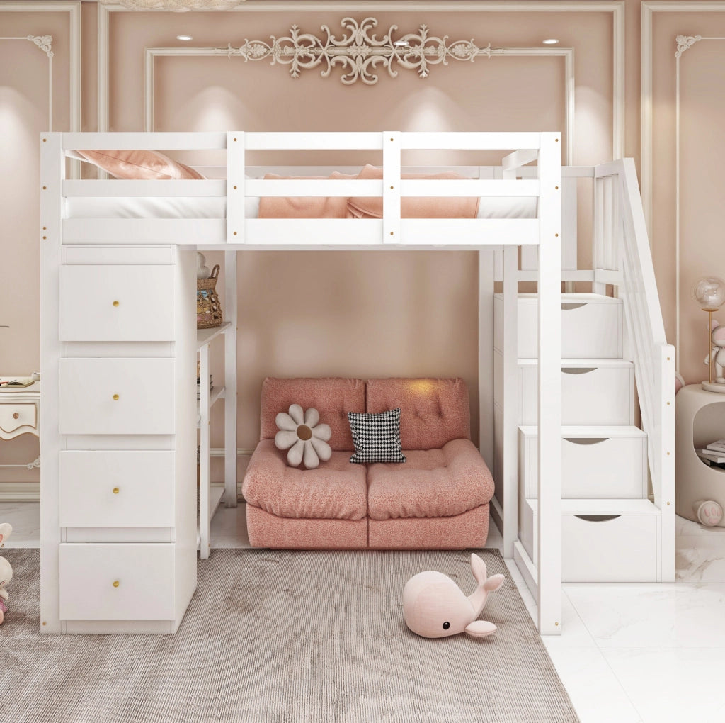 Letto a soppalco in legno massiccio 140x200 cm con cassetti e scala di sicurezza bianco