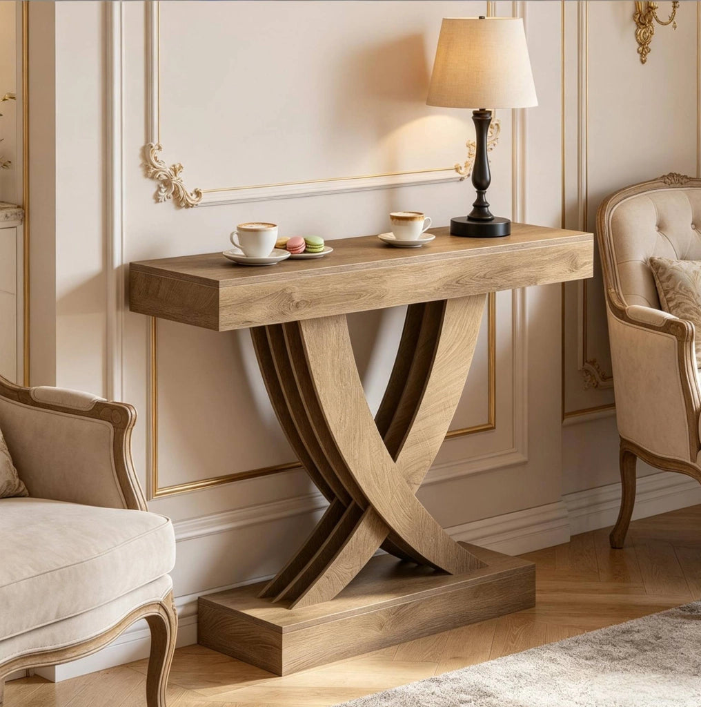 Tavolo consolle in MDF marrone con base a X; larghezza 110 cm