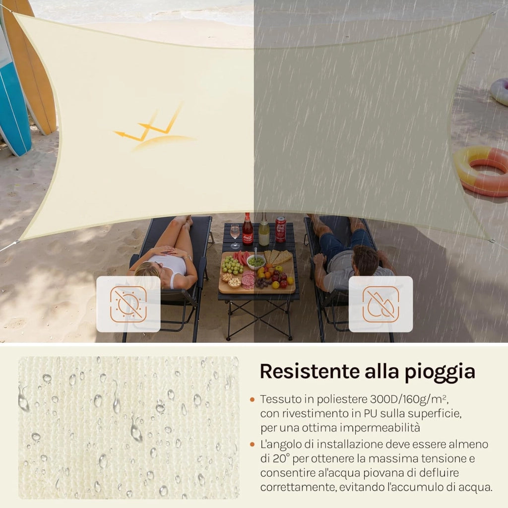 Vela ombreggiante 5x7m in PES 160 g/m² Impermeabile Tenda a Vela Parasole Rettangolare Protezione Solare Respirante Anti UV Giardino Esterni Crema