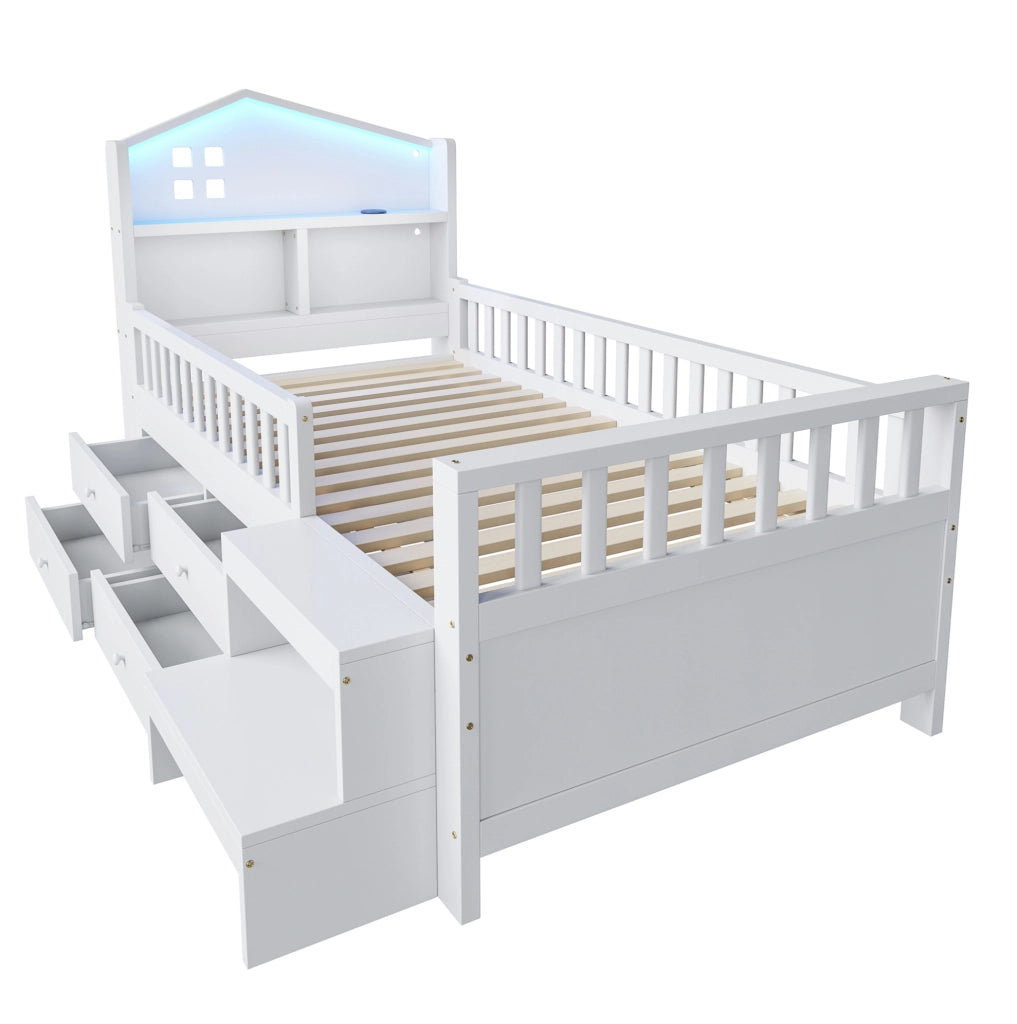 Letto per bambini 90x200 cm con 4 cassetti, LED, USB e USB-C bianco