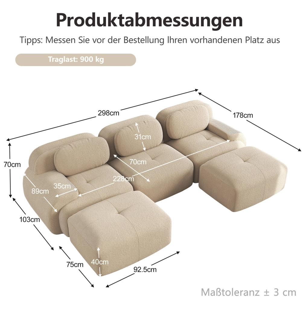 Divano modulare angolare frameless in tessuto effetto corduroy; beige