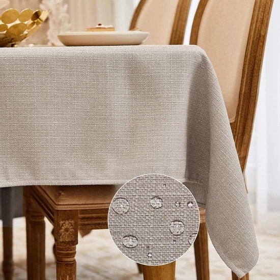 Tavolo coperto in lino, alta qualità, lavabile, facile da mantenere, finitura in lino, impermeabile, effetto loto, beige, 140 x 140 cm
