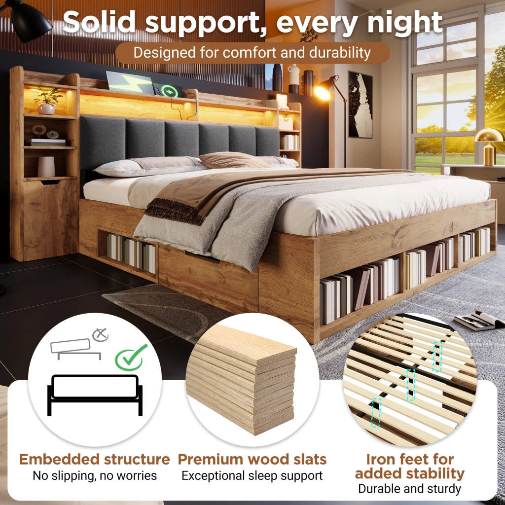 Lit coffre 180 × 200 cm 2 posti con LED, USB, Type-C, vani e comodini mobili, senza materasso, rovere
