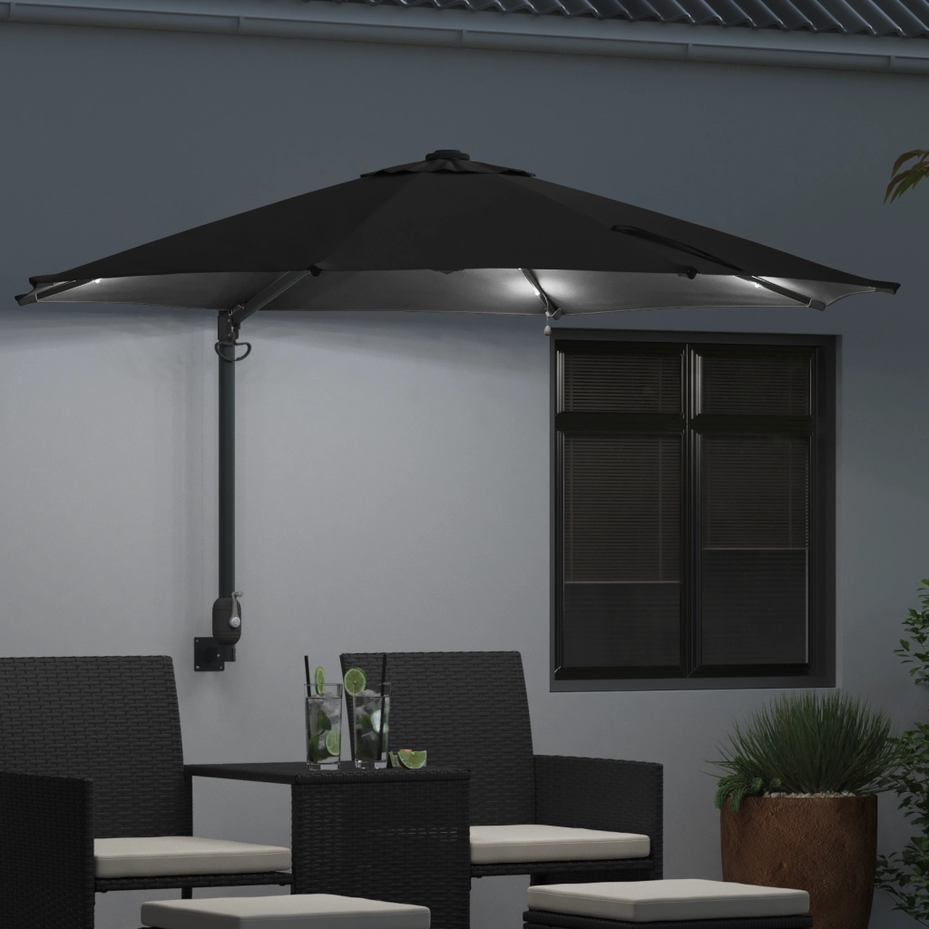 Ombrellone da giardino a parete con LED Nero 248 cm