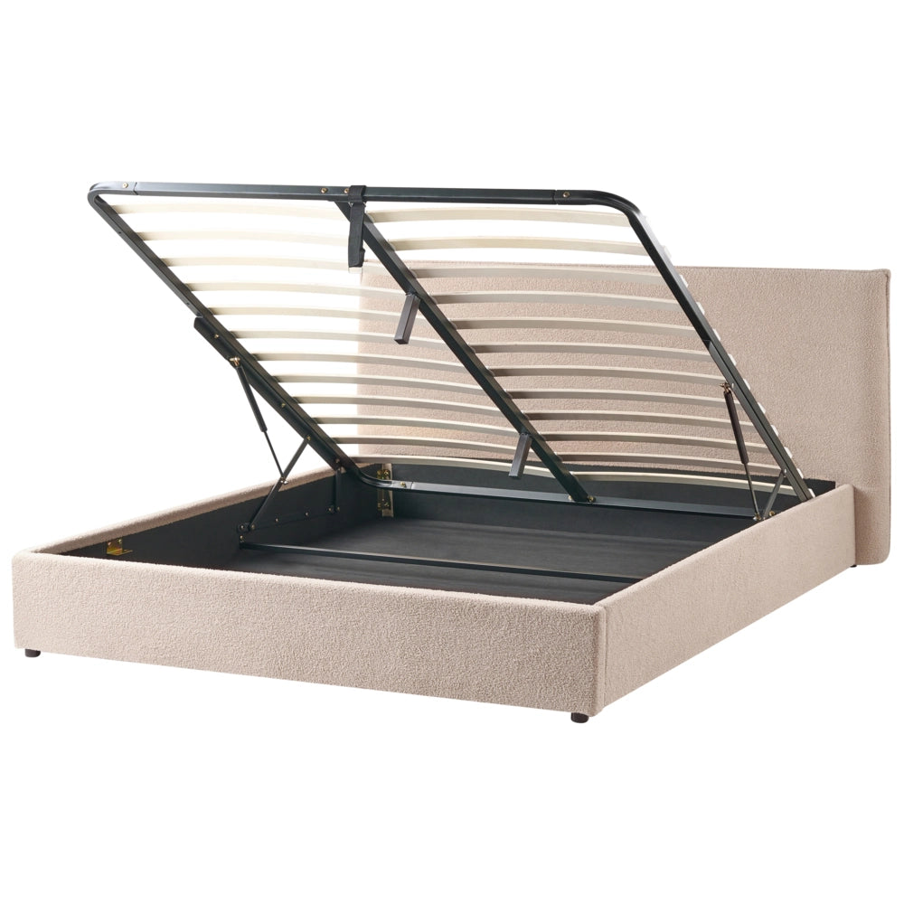 Letto matrimoniale con contenitore in tessuto bouclé tortora con testiera 180 x 200 cm Doghe in legno