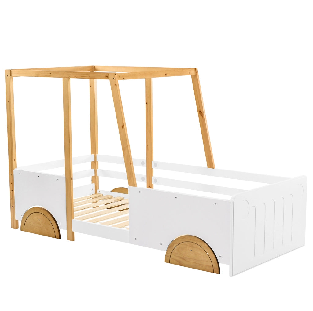 Letto a forma di auto 207.5x95x124 cm con sponde di protezione in legno bianco; naturale e marrone