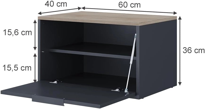 Credenza Betti, Antracite/Sonoma, 60 x 36 cm con porte, adatto per la conservazione in soggiorno o in camera da letto