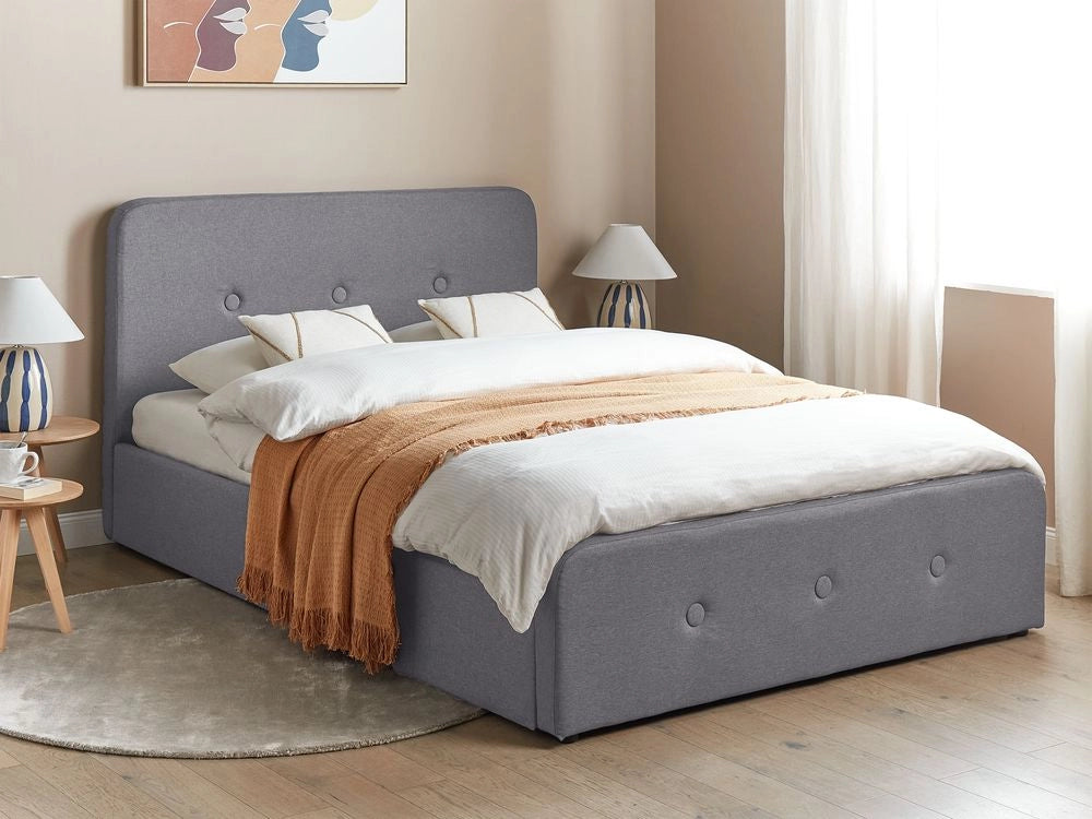 Letto a doghe Tessuto in poliestere grigio scuro Gambe in legno imbottite Pouf contenitore 140 x 200 cm matrimoniale Design moderno