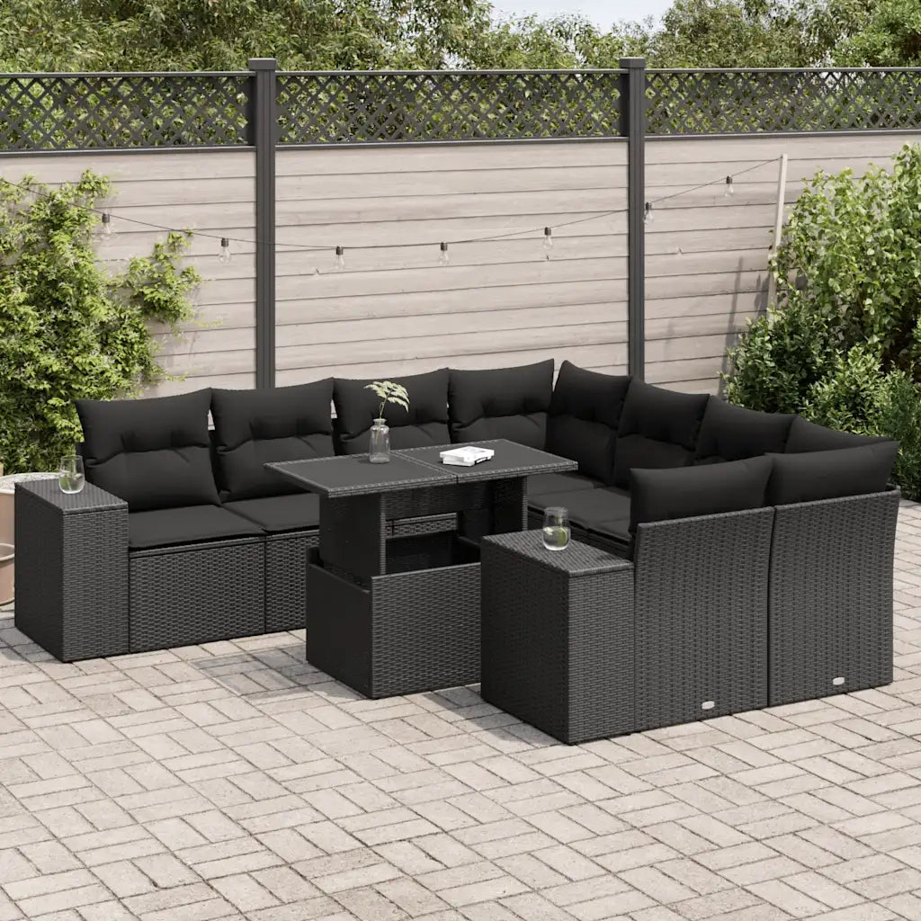 Set Divani da Giardino 9 pz con Cuscini Nero in Polyrattan 3326766