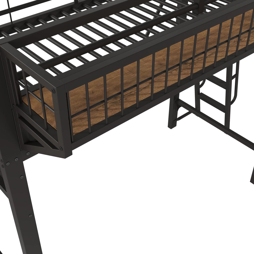 Letto a soppalco 90x200 cm per 2 persone, letto alto con ripiani portaoggetti e spazio aperto sottostante, metallo nero