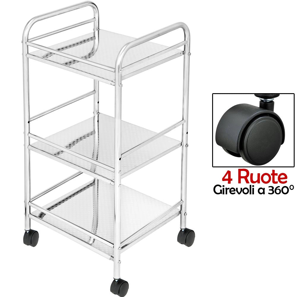 Carrello Estetista 3 Ripiani Acciaio Cromato 4 Ruote Arredo Bagno Salvaspazio