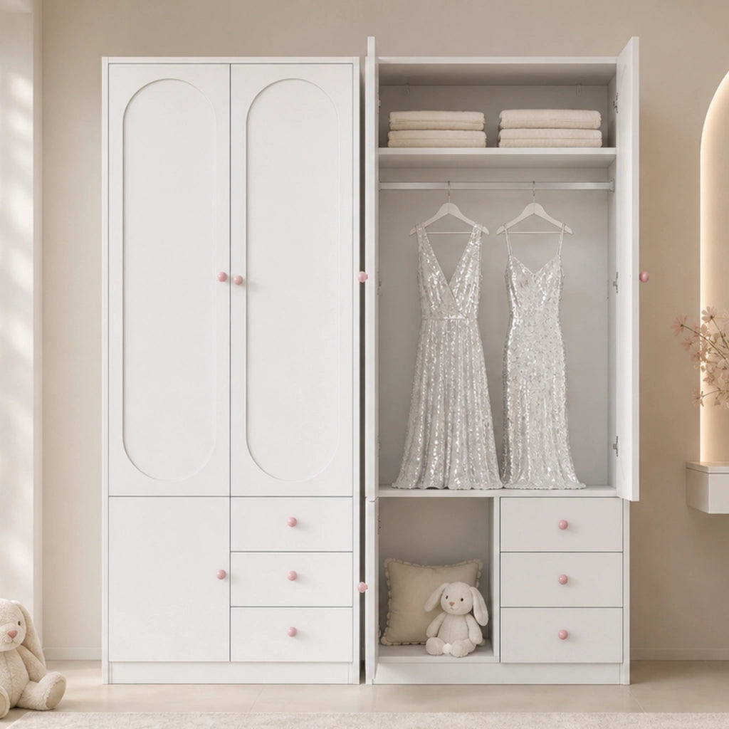 Armadio a due ante con 3 cassetti e asta appendiabiti in MDF bianco 80 × 50 × 200 cm