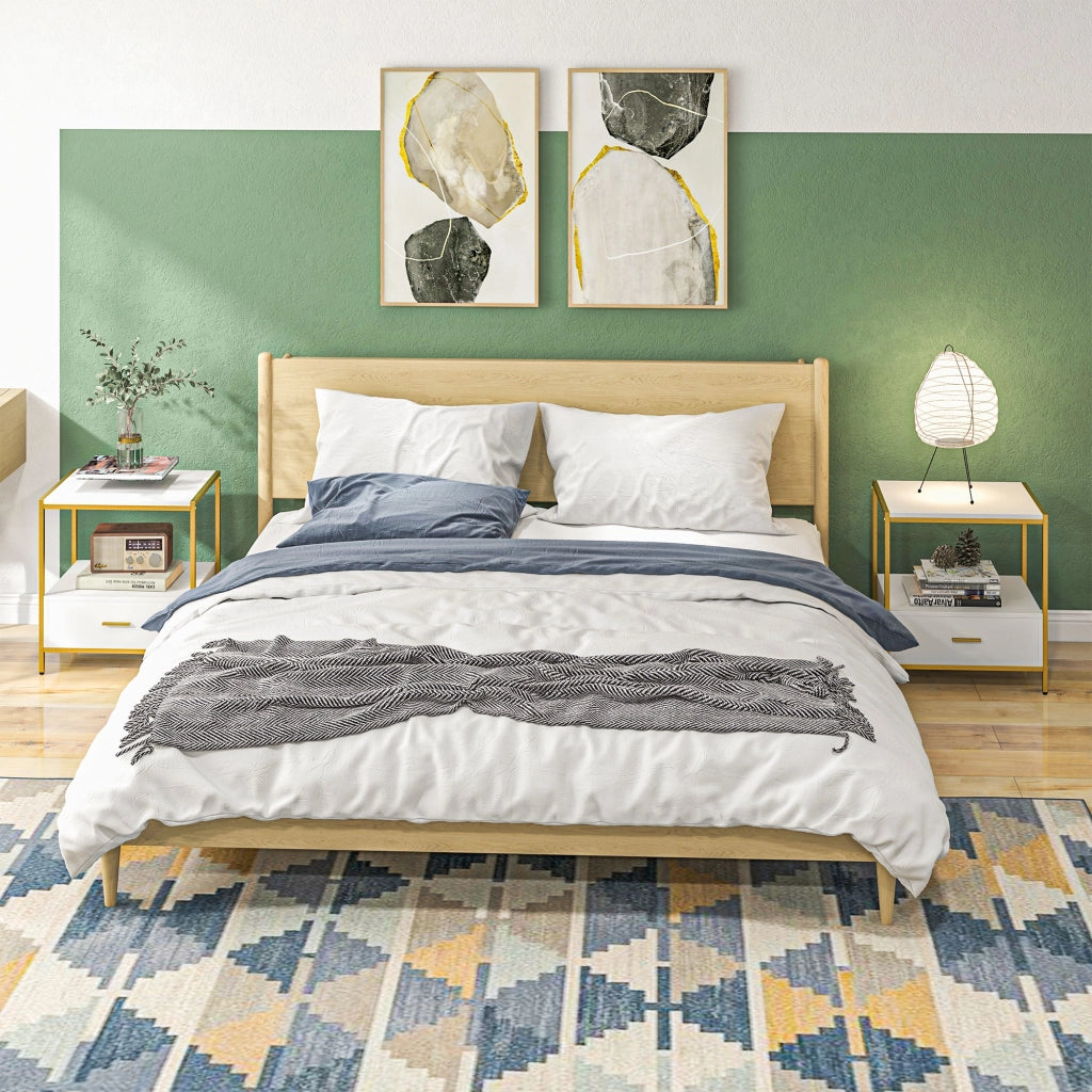 Set di 2 Comodini per Camera da Letto, Comodini Moderni Eleganti con Cassetto e Ripiano Aperto, 50x40x55cm, Bianco e Oro