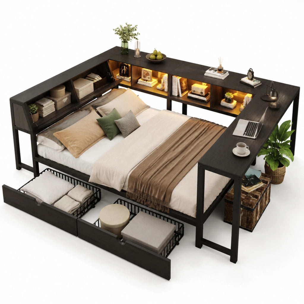 Letto multifunzione 140x200 cm in metallo e MDF con scrivania; LED e cassetti