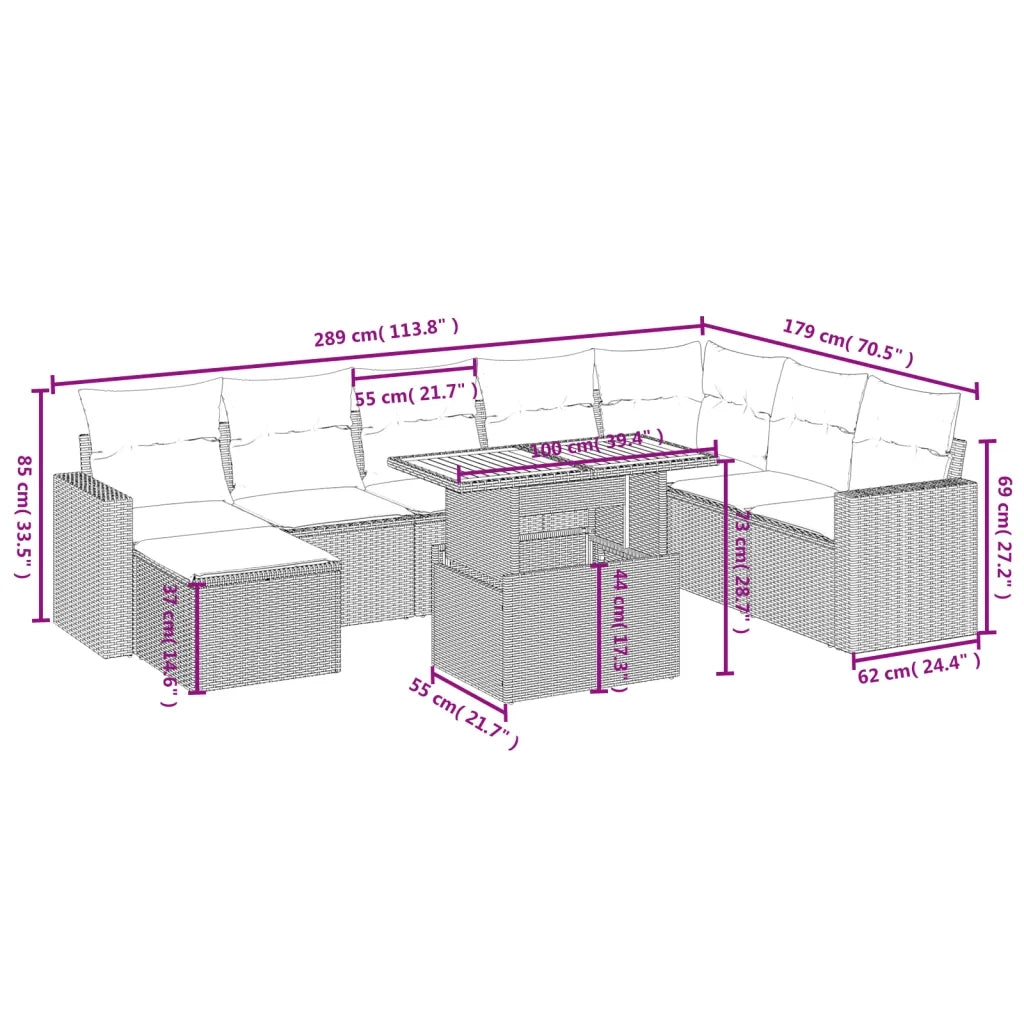 Set Divano da Giardino 9 pz con Cuscini Beige in Polyrattan