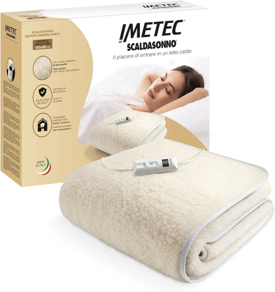 Imetec 16799B Comfort Scaldasonno Singolo 80x150 cm 50% Lana e Merino 2 Temperature ElectroBlock colore Naturale