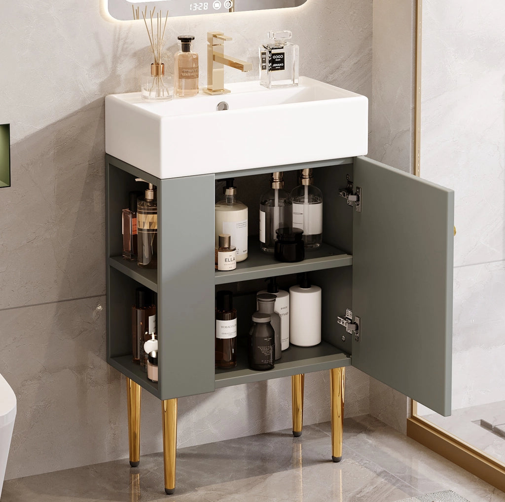 Mobile bagno a pavimento con lavabo in ceramica, grigio e bianco