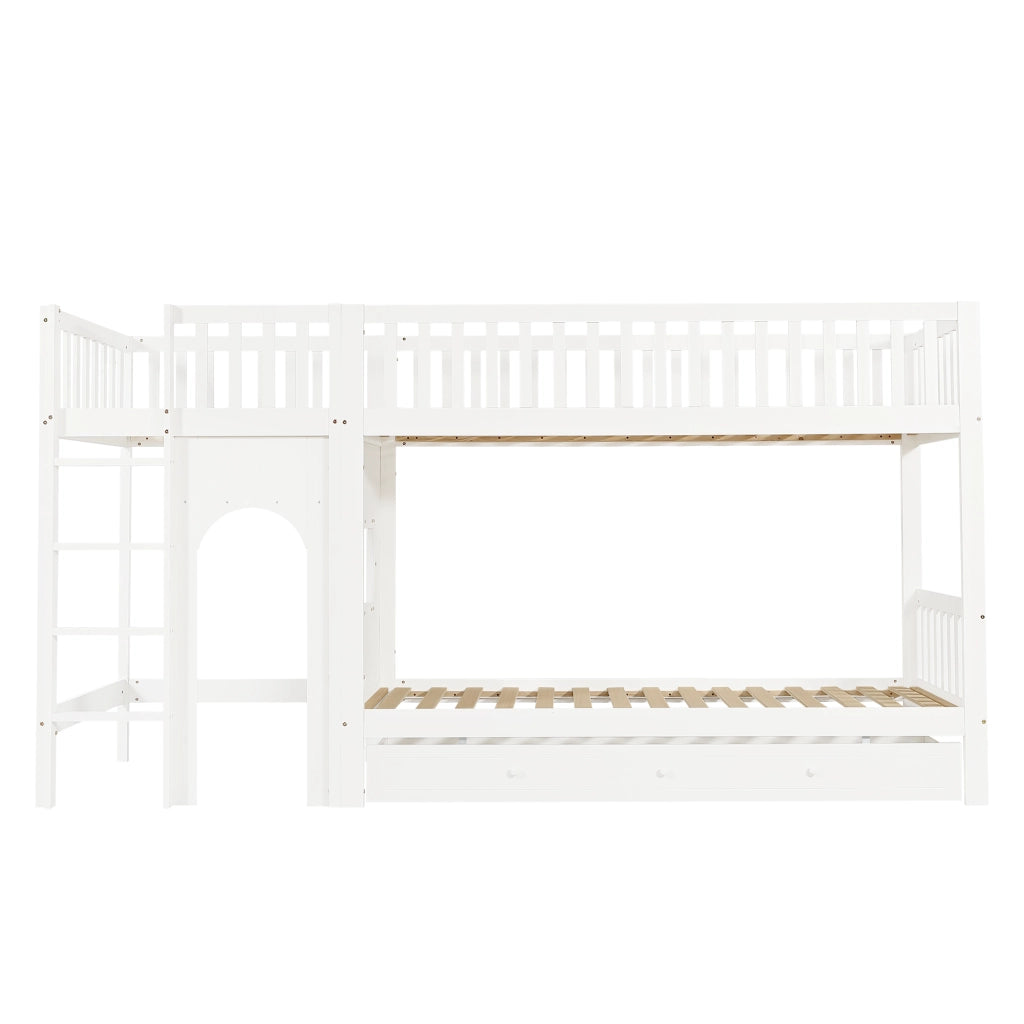 Letto a castello per bambini 90x200 cm, scala dritta a 4 gradini, sponde su 4 lati, bianco/naturale