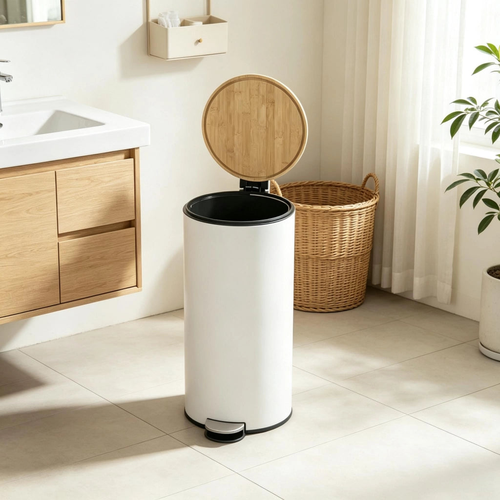 Pattumiera da cucina da 30 litri, con pedale, contenitore interno removibile e coperchio con chiusura ammortizzata.