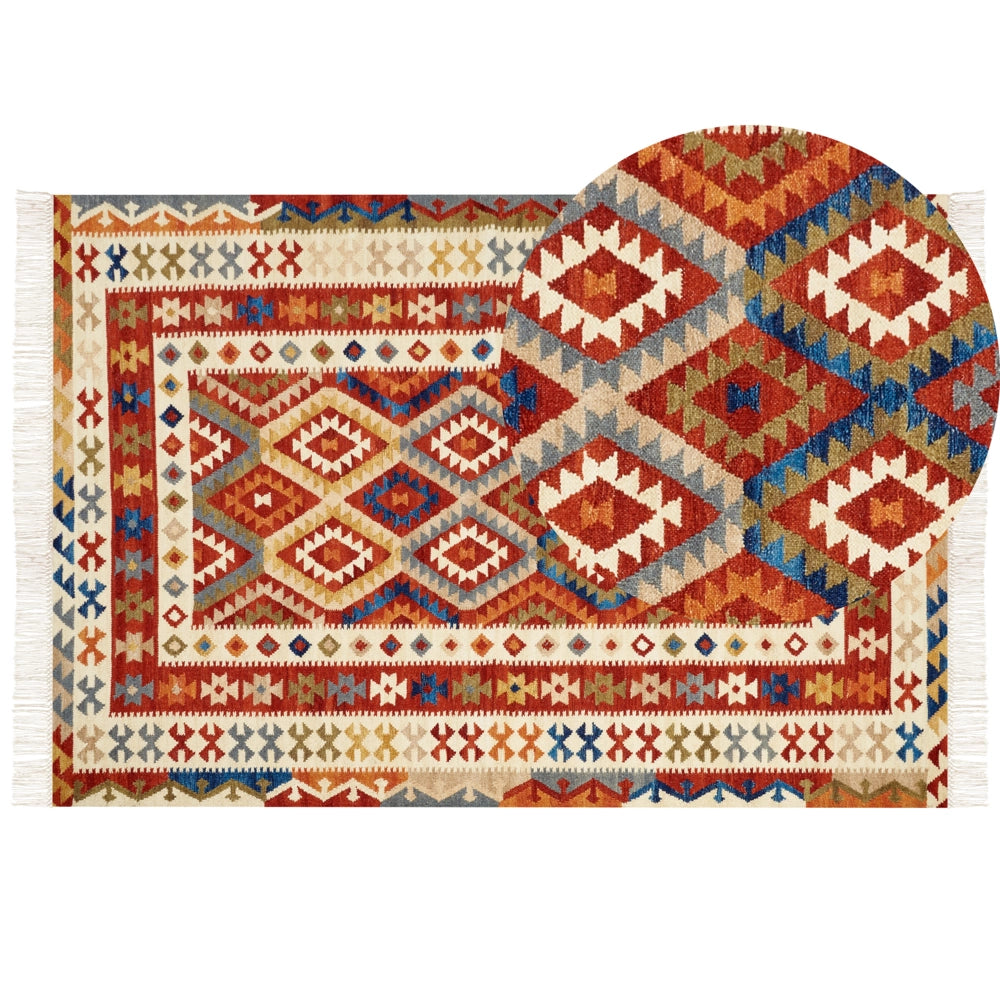 Tappeto di lana multicolore 160 x 230 cm kilim fatto a mano con nappe soggiorno camera da letto