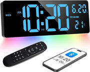 Cronografo digitale 16,5" con sincronizzazione Bluetooth, display blu e luce di ambiente colorata. Mostra ora, temperatura, calendario, timer e sveglia, ideale per soggiorno, cucina e ufficio.