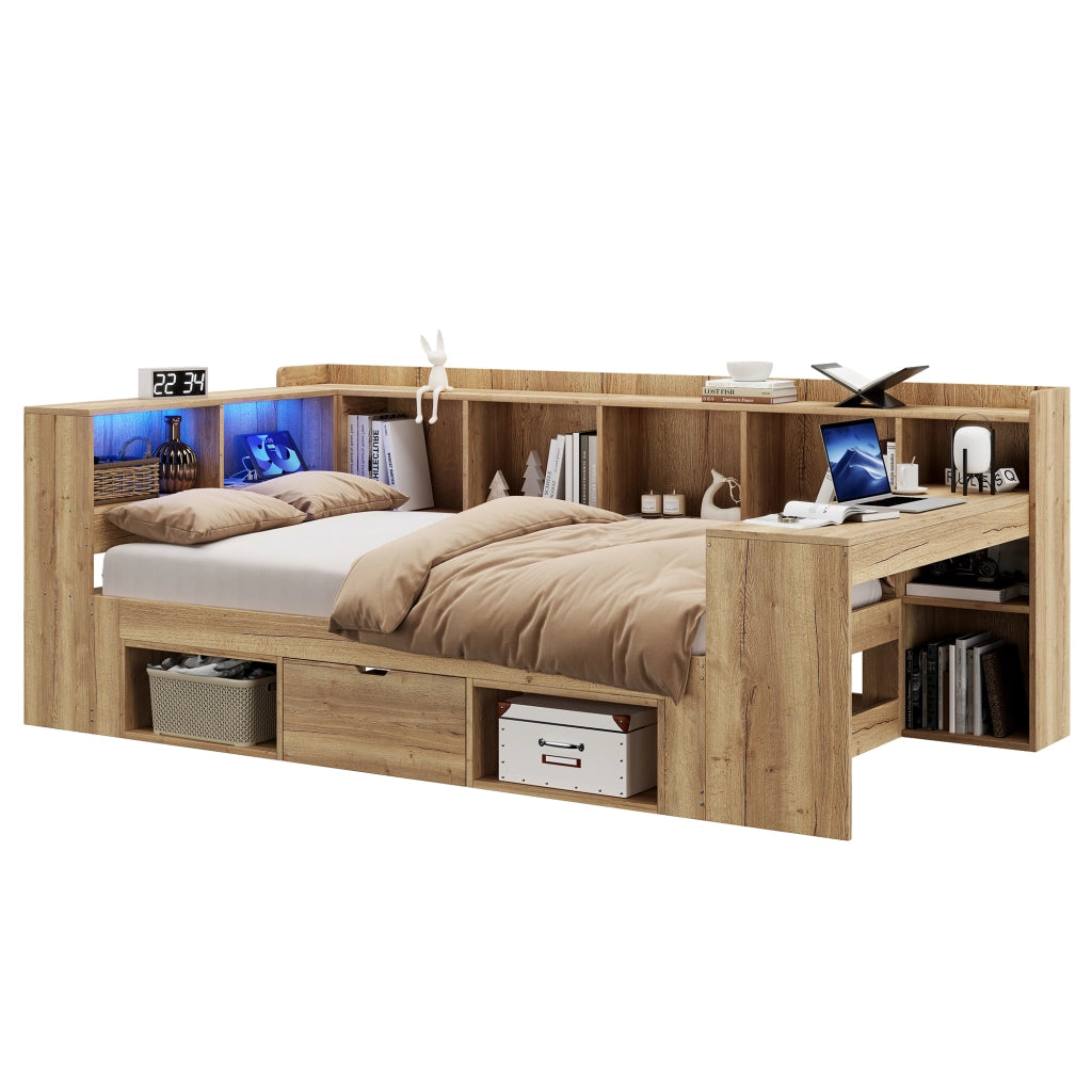 Letto Singolo con Scrivania e LED ¨C MINIMAL ¨C Legno, Contenitore, Cassetti, 90x200