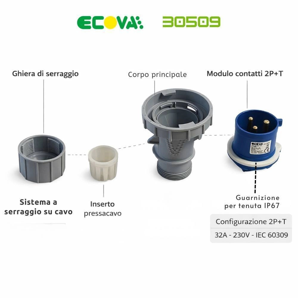 Spina industriale ecova 30509 32a 230v 2p+t ip67 per uso professionale