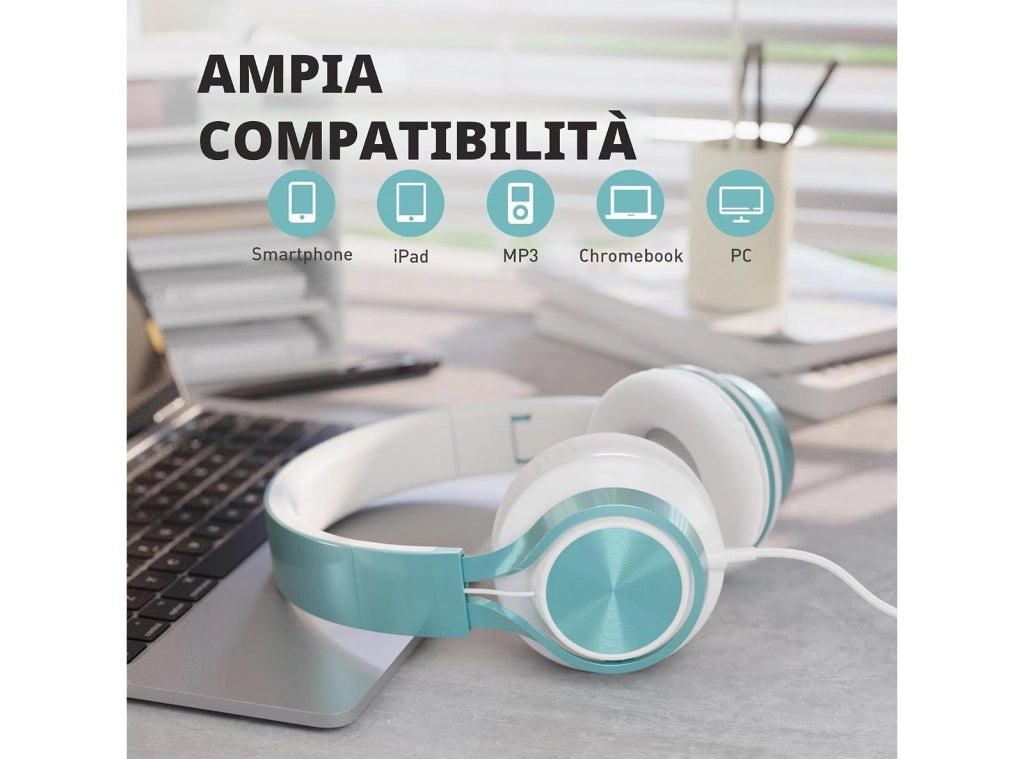 Cuffie Cablate con Microfono On Ear Pieghevoli Regolabili Controllo Volume Audio Stereo HD Jack da 3,5 mm per Chromebook Laptop Smartphone Studio Ufficio Viaggi