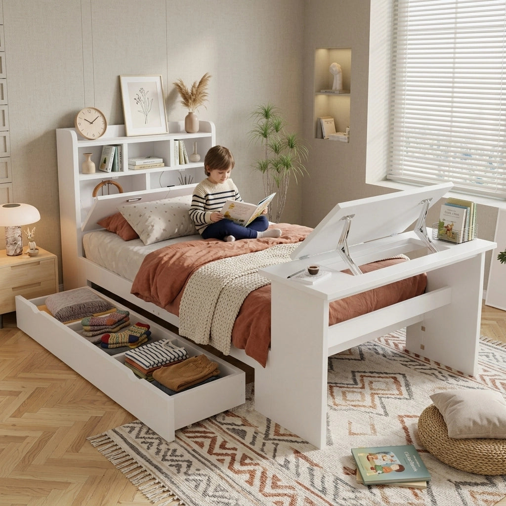 Letto con Cassetti 90x200 cm; Letto Singolo - Tavolo Pieghevole e Mensole - Bianco