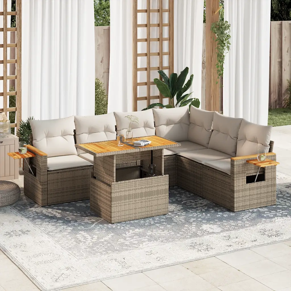 Set Divani da Giardino 7 pz con Cuscini Beige Polyrattan Acacia