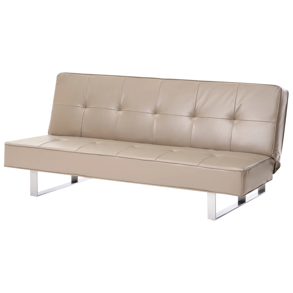 Divano letto in ecopelle beige moderno trasformabile a 3 posti senza braccioli dal design minimalista