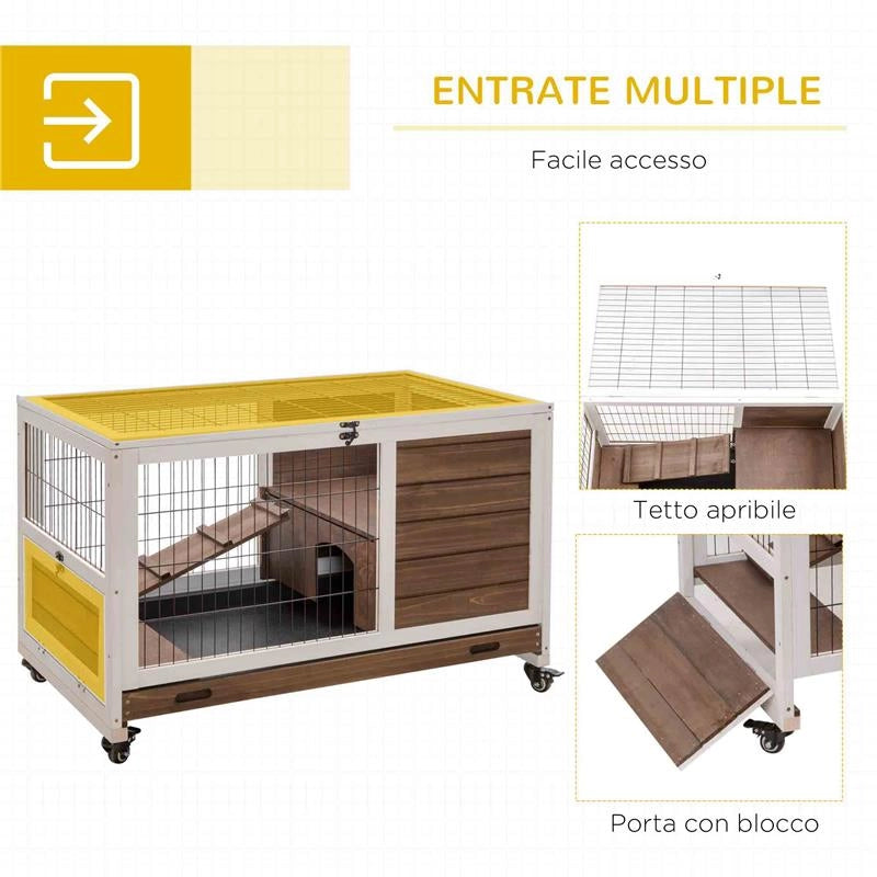 CONIGLIERA IN LEGNO CON 4 RUOTE CASETTA PER CONIGLI E RAMPA 90X53X59 CM MARRONE