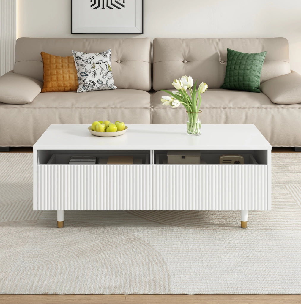 Tavolino da caffè LED bianco 110×50×40 cm con 2 cassetti