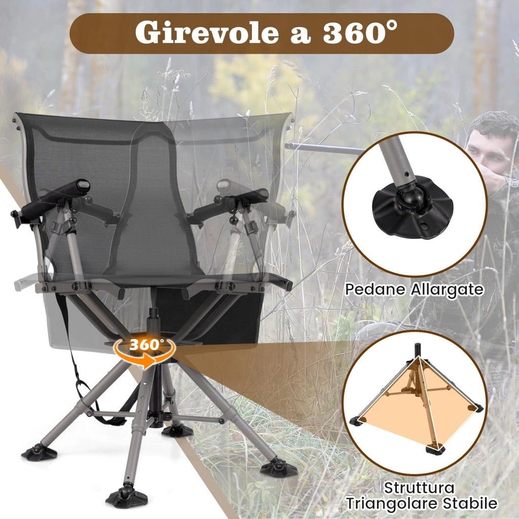 Sedia da Caccia Portatile, Sedia da Tiro con Rotazione a 360°, Poltrona a Caccia Pieghevole con 4 Gambe e Braccioli Regolabili, Supporto per Fucile, Portata 150 kg